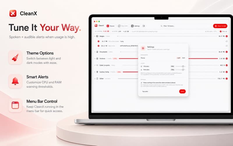 CleanX settings, with light and dark theme options and CPU and RAM alert thresholds both set to 90 per cent