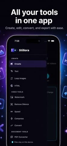 The Stillora sidebar on iPhone, listing Create, Text, Loop images and HTML, then Watermark, Remove Silence, Speed, Compress and Convert under Video Tools