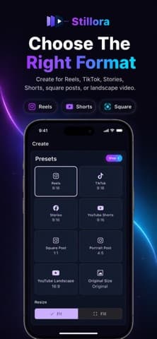 Stillora's format screen on an iPhone, showing preset tiles for Reels, TikTok, Stories, YouTube Shorts, square and landscape video