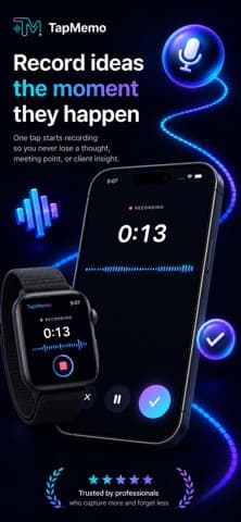 An Apple Watch and an iPhone both recording the same memo, showing a running timer at thirteen seconds