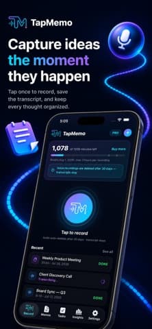 TapMemo's record screen on an iPhone, showing a minutes balance, a record button and a list of recent memos being transcribed
