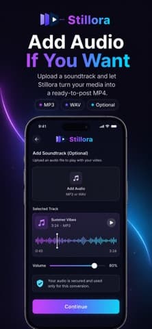 Stillora's soundtrack step with an MP3 track added, a waveform, a volume slider at 80 per cent and a Continue button